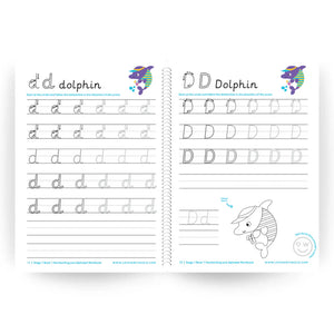 Two pages from a handwriting workbook with letter 'd' tracing practice and a dolphin illustration.