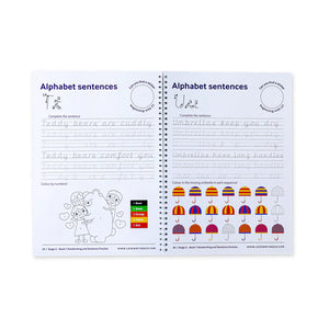 Educational handwriting workbook with alphabet sentences and colourful activities on a white background