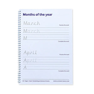 Handwriting practice book with 'Months of the year' exercise on a white background