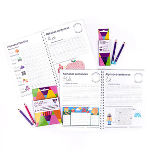 Handwriting practice materials including worksheets and colourful activities on a white background