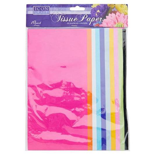 Pack of tissue paper with pink and multicolored sheets on a white background