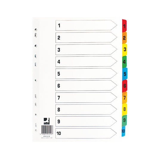 Q-Connect 1-10 Index Multi-punched Reinforced Board Multi-Colour Numbered Tabs A4 White KF01519