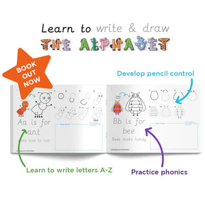 Educational handwriting workbook with drawings of an ant and a bee on a white background with an orange sticker that reads Book Out Now