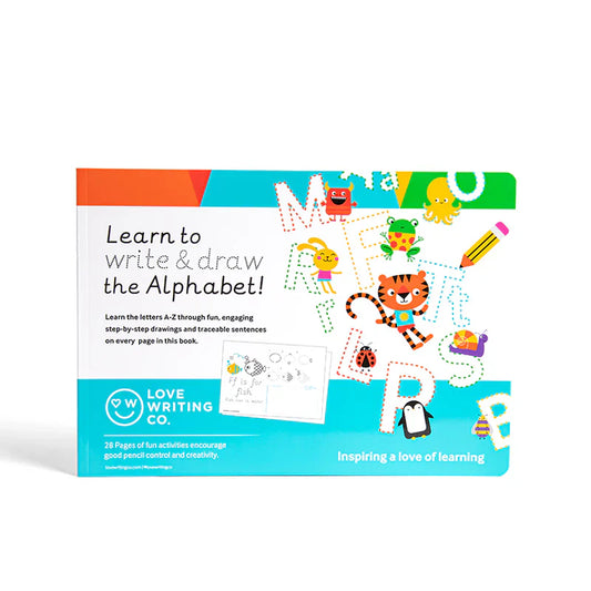 Children's educational book on writing and drawing the alphabet with colorful illustrations on a white background.