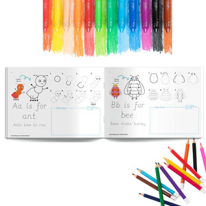 Handwriting activity book with alphabet pages and colored markers on a white background
