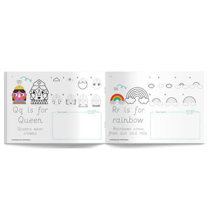 Educational handwriting activity book open to pages with letters Qq and Rr, featuring illustrations and text.