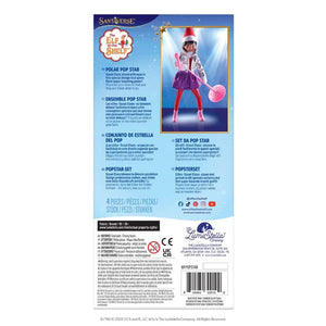Back of a The Elf on the Shelf MagiFreez - Polar Pop Star packaging featuring an elf character with text and branding.