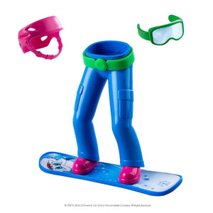 The Elf on the Shelf MagiFreez® - Snowboarder blue pants, blue snowboard, green goggles and pink helmet on a white background