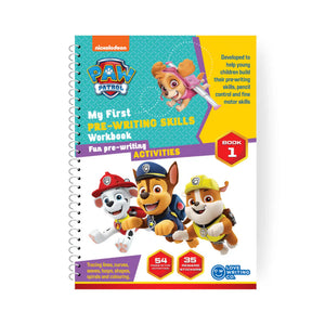 Paw Patrol workbook for pre-writing skills on a white background