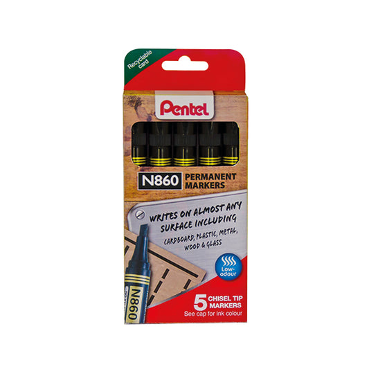 Pentel Chisel Tip Permanent Marker Black 5 Pack YN860/5-A