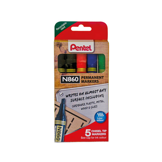 Pentel Chisel Tip Permanent Marker Assorted 5 Pack YN860/5-M