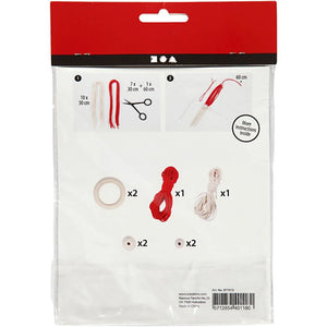 Packaging of a craft kit with red and white materials on a white background