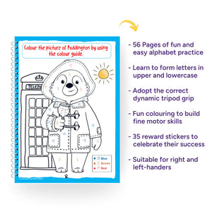 Coloring book with Paddington Bear illustration and text about its educational benefits on a white background