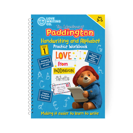 Handwriting and Alphabet Practice Workbook featuring Paddington Bear on a blue background