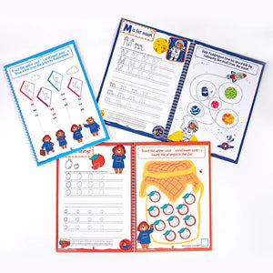 Set of educational worksheets for children with colorful designs and text.