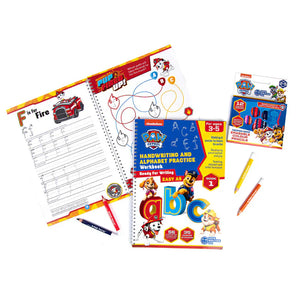 Paw Patrol educational workbook with writing practice and coloring pages on a white background