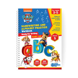 Paw Patrol handwriting and alphabet practice workbook for ages 3-5 on a white background