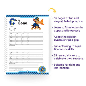 Paw patrol themed alphabet activity book with letter practice and coloring pages, featuring a character from a popular children's show.