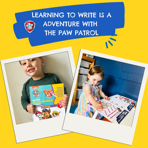 Two children with books featuring the Paw Patrol on a yellow background with text about learning to write.