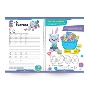 Educational book with Easter-themed activities and illustrations on a white background