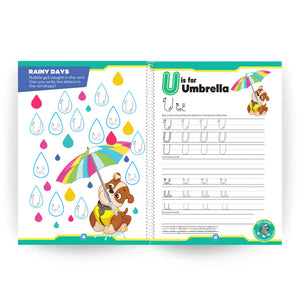 Educational book with letter 'U' page featuring a dog with an umbrella and raindrops.