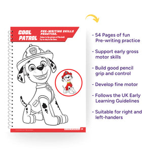 Paw Patrol pre-writing skills practice book with Marshall the dog illustration on a white background