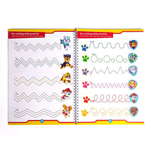 Children's activity book with pre-writing skills practice pages featuring Paw Patrol characters.