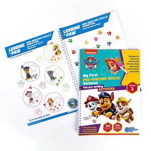 Paw Patrol pre-writing skills workbook with colorful cover and character illustrations on a white background.