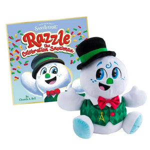 Plush toy of a snowman with a top hat and bow tie next to a book titled 'Razzle the Celebration Snowman'.