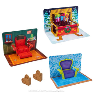 Contents of the Elf on the Shelf 20th Anniversary - Pop Ups. A pop up sofa, pop up santa sleigh, pop up armchair