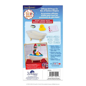 Packaging of Elf on the Shelf props with an elf in a bathtub and rubber duck.