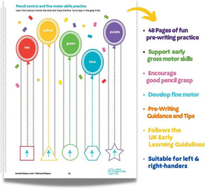 Educational workbook for pre-writing practice with colorful pages and text.