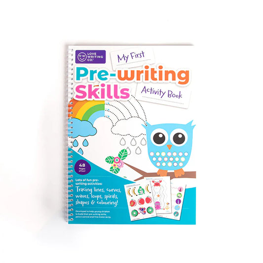 Children's activity book titled 'My First Pre-writing Skills' with an owl illustration on a white background.
