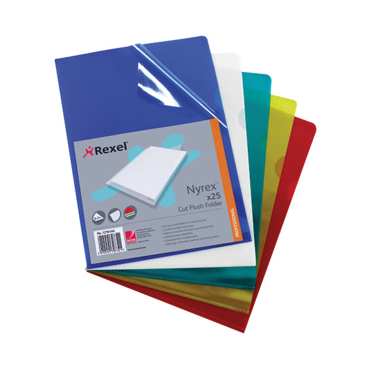 Rexel Nyrex Cut Flush Folders A4 Assorted (Pack of 25) 12161AS