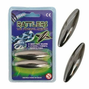 Metallic 'Rattlers' magnets with packaging on a white background