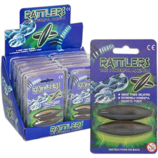 Display of Rattlers magnetic stress relievers with packaging on a white background