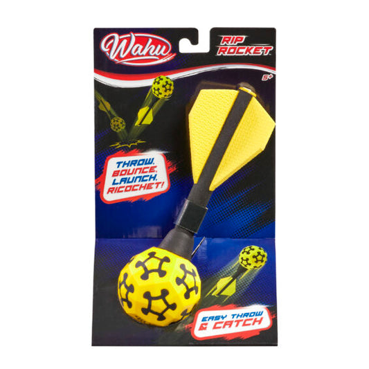Wahu Rip Rocket toy packaging with yellow ball and black handle on a blue and red background.