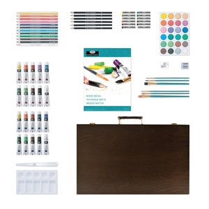 Collection of art supplies including paint tubes, brushes, and an easel on a white background.