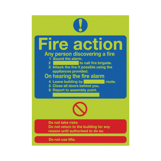 Safety Sign Niteglo Fire Action 300x250mm PVC FR03527M