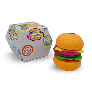 Colorful sensory toy hamburger with packaging on a white background