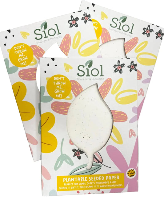 Three packages of Siol plantable seeded paper with colorful designs on a white background.