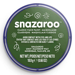 Snazaroo face paint container with green lid and white text on a white background