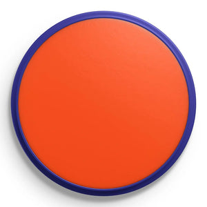 Orange face paint pot with a blue rim on a white background