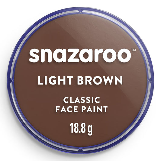 A round pot of SNAZAROO light brown classic face paint with the lid on, displaying the brand and product color.