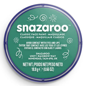 Snazaroo face paint container with green lid and white text on a white background
