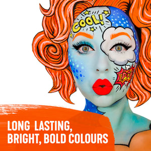 Artistic depiction of a person with colorful snazaroo face paint and text, featuring bright and bold colors.