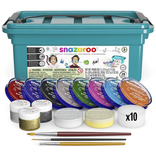 Snazaroo face paint kit with various colors and tools on a white background