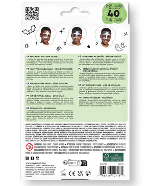 Back of a face paint kit packaging with instructions and product details.