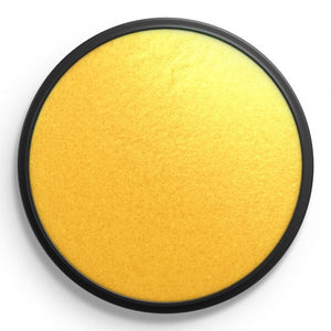 Pot of metallic gold face paint by Snazaroo with black rim on a white background