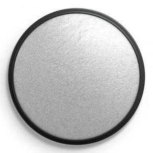 Round pot of electric silver face paint by snazaroo with black rim on a white background
